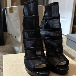 Christian Louboutin Black Mesh Strappy Peep Toe Bootie Heels
